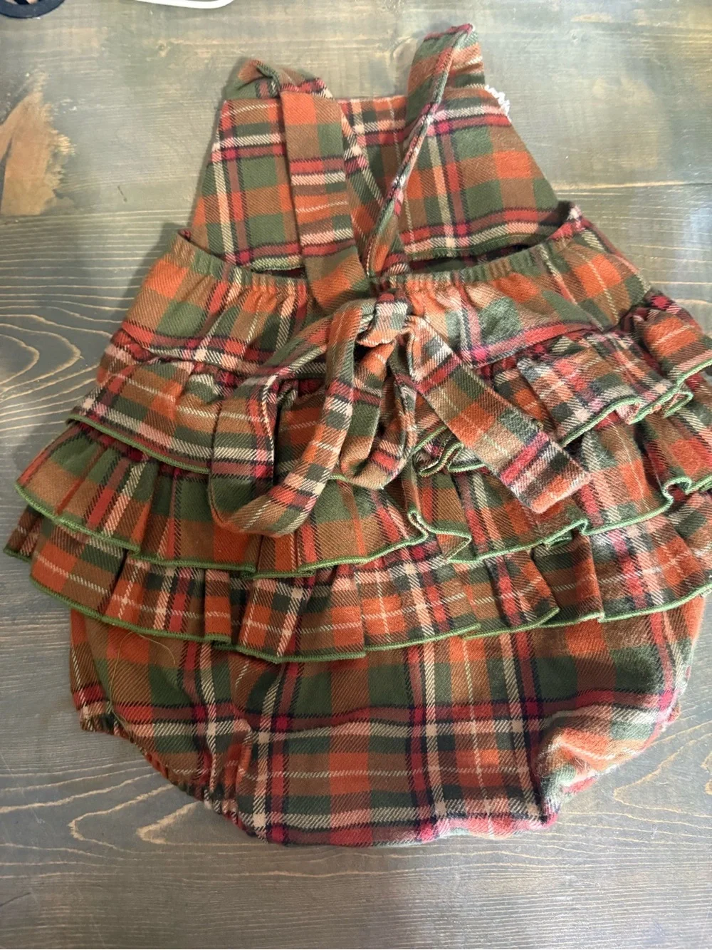 Ricrac and Ruffles Plaid Ruffle Bib One-Piece in Green & Orange size 24 M